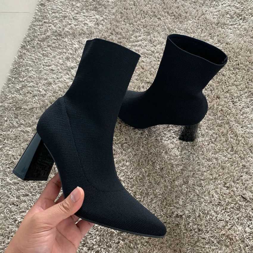 2025 Autumn Winter Knitted Stretch Fabric Socks Boots Women Low Heel Short Boots Pointed Toe Female Ankle Booties Size 42 W251024