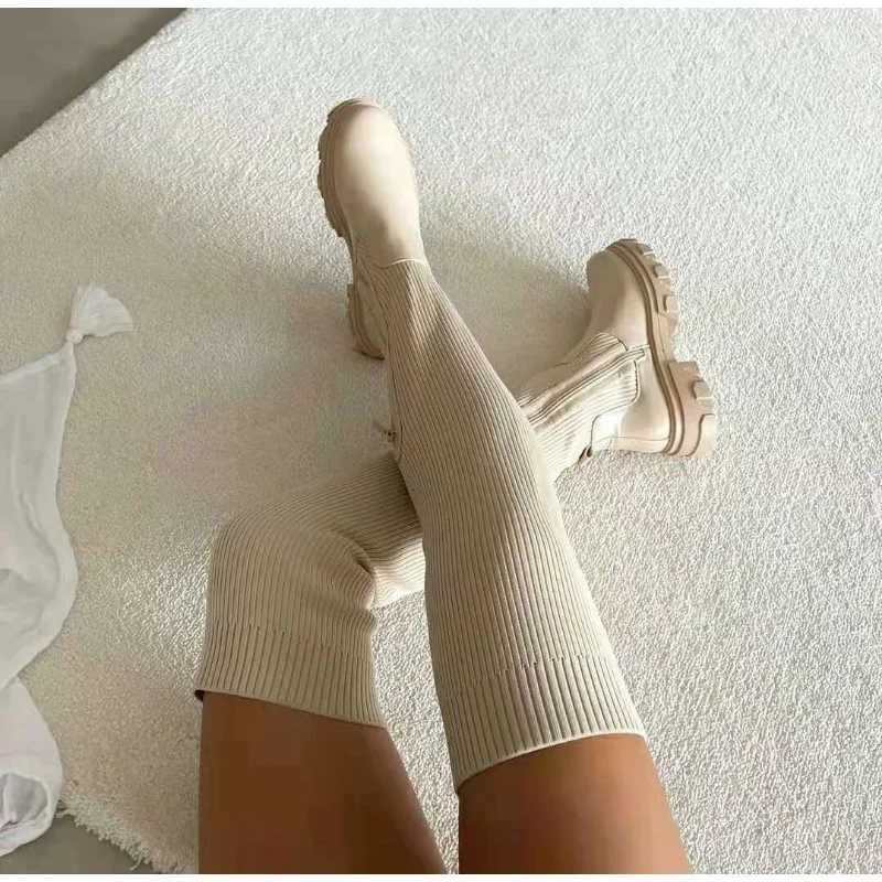 Women Thick Sole Boots 2024 Autumn Winter Breathable Knitting Sock Ladies Thigh High Boots Stretch Round Toe Shoes Plus Size 43 W251024