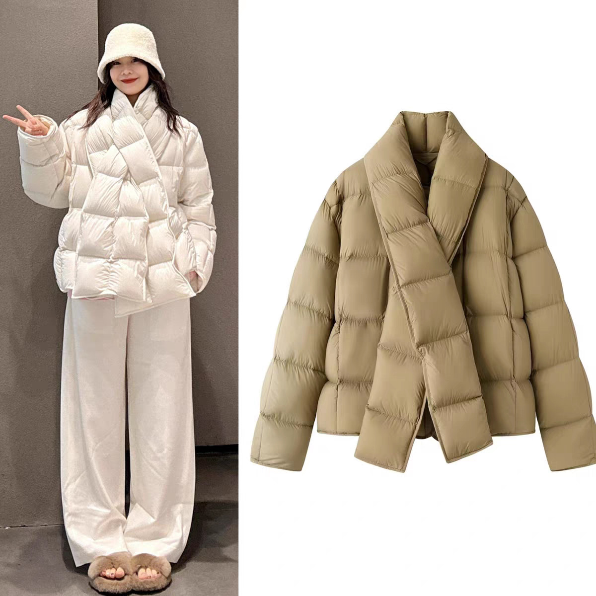 Designer women down jacket 25 autumn/Winter new style, women's detachable scarf 90 white duck down short bubble, catching the trend of overcoats