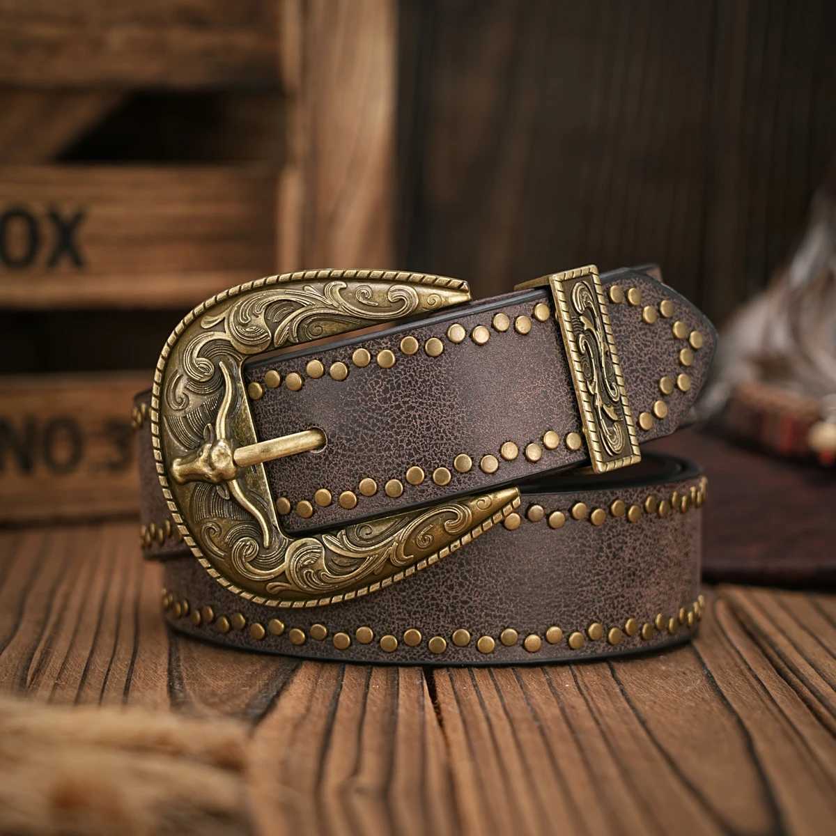 Men Women Western Denim pu leather Belt Vintage jeans with floral carved buckle belt W251024