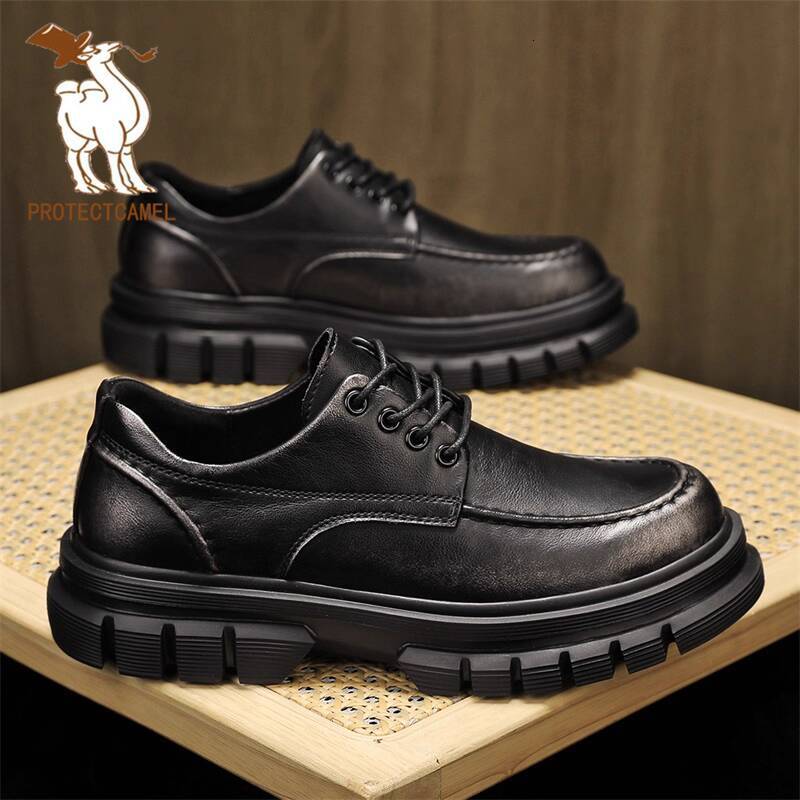 Paul Camel Men's Shoes Genuine Leather Business Casual Footwear Thick-Soled Low-Cut Work Shoes Height-Increasing Martin Boots for Daily Use