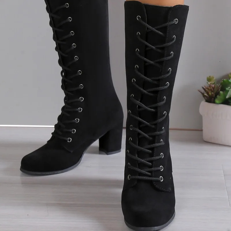 Winter Coarse Heel Shoes Womens Round Head Front Cross Lacing Antislip Wearresistant High Boots 251023