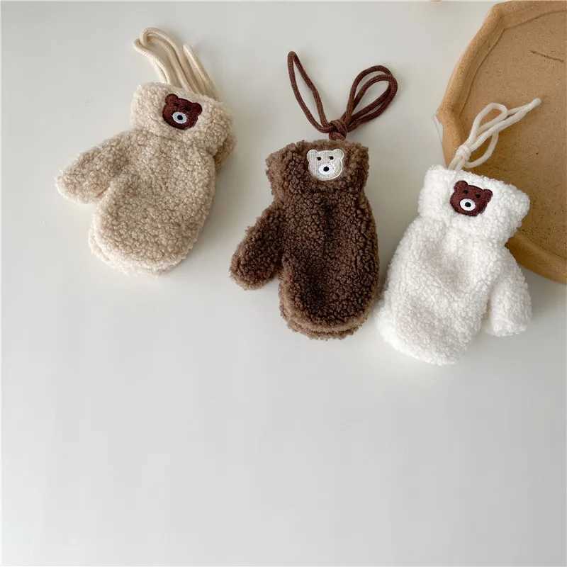Cute Embroidered Bear Baby Gloves Lamb Wool Winter Boys Girls Full Finger Gloves Outdoor Windproof Warm Kids Mittens Y251024