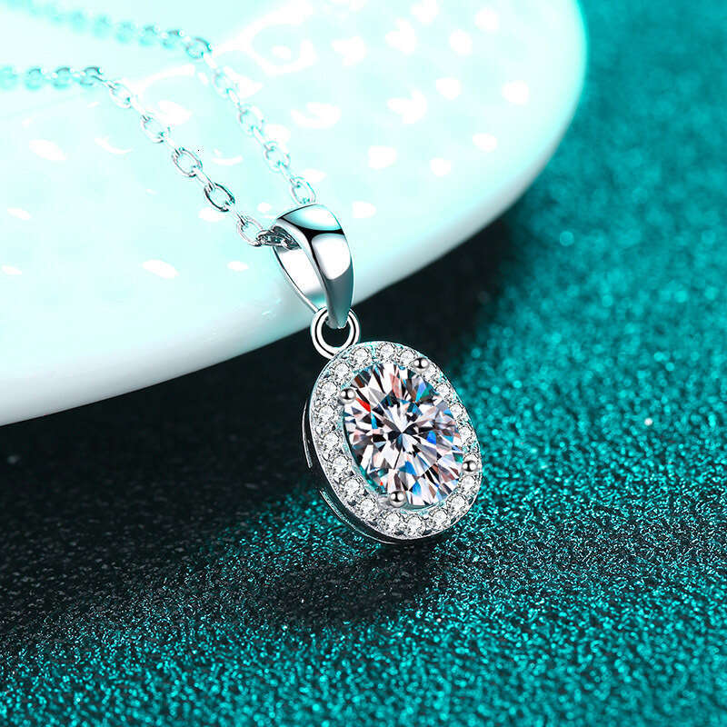 DHCollections-- Sterling Sier Oval Cluster Inlaid Necklace for Women with Moissanite, Petite Collarbone Chain, PT950 Gold Plated Jewelry
