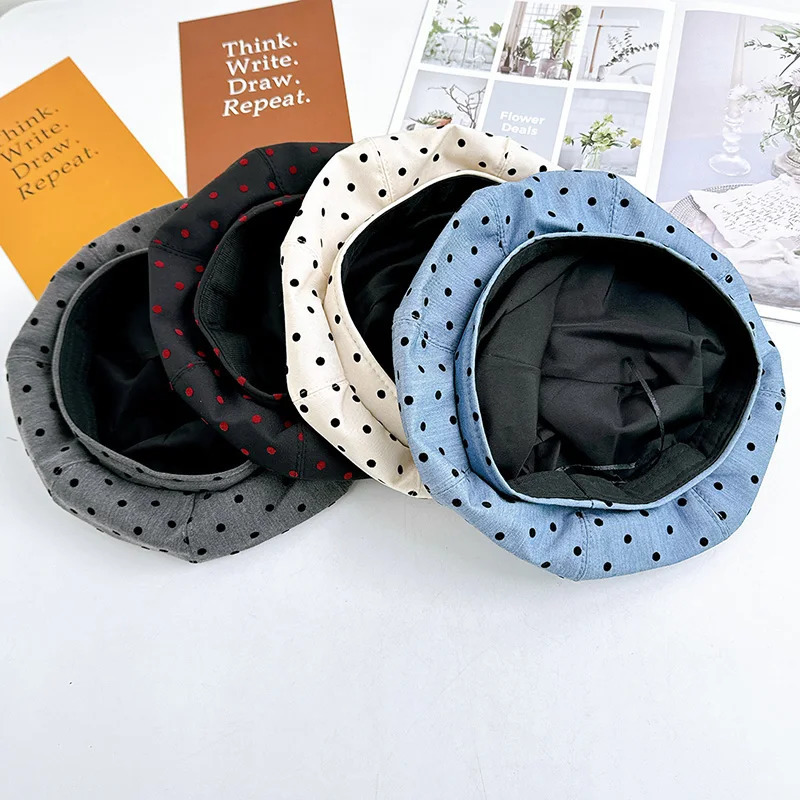 Korean Niche Polka Dot Printing Berets Cap for Women Spring Summer Thin Breathable Versatile Retro Literary Painter Hat 251023