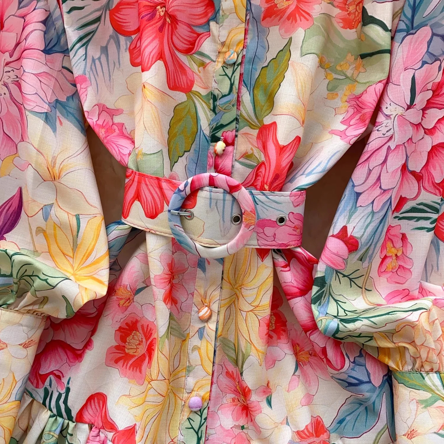 Runway Gorgeous Flower Linen Robe Dresses Women Summer Stand Holiday Lantern Sleeve Floral Print Belt Evening Party Vestido 251022