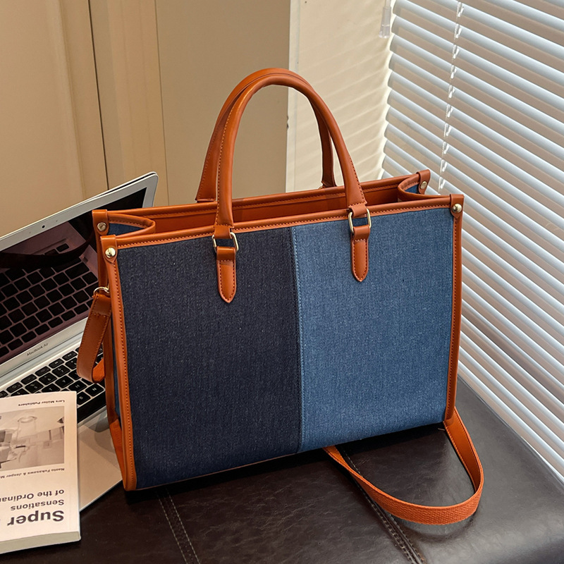 New autumn and winter women's large capacity shoulder bag new color blocked denim luxury handbag versatile commuting bag simple casual tote bag