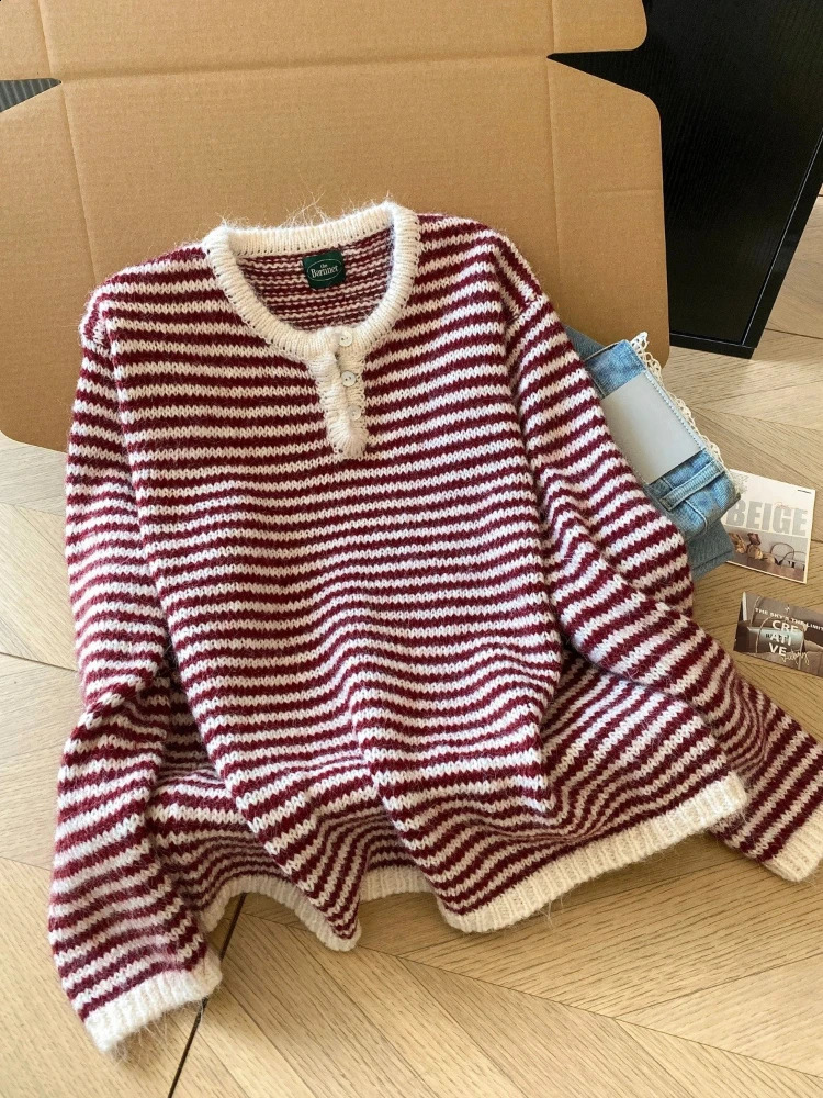 Womens Sweater Oneck Long Sleeved Red Striped Y2K Elegant Aesthetics Fashion Warm Top Autumn Winter Pullover Casual Sweater 251023