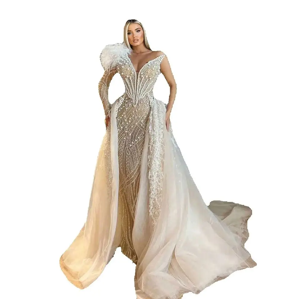 Elegant Prom Gown V-Neck Evening Dress Crystal Beads Party Prom Dresses Flowers Sleeve Bridal Gowns Customized Robes De Mariee L252776