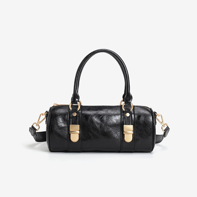 new retro high-end Boston bag with lock steamed bun style niche design genuine leather waxed leather crossbody small bag