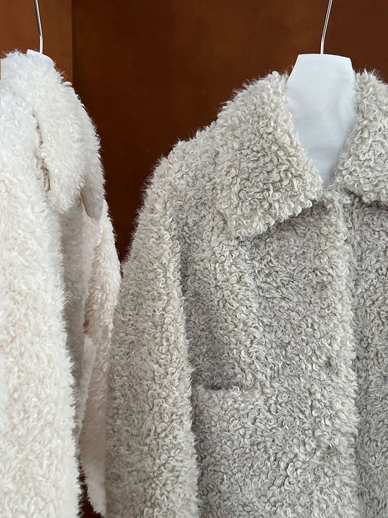 Lamb Fur White Shearling Jacket Womens Autumn Winter Short Lapel Plush Thickness 251021