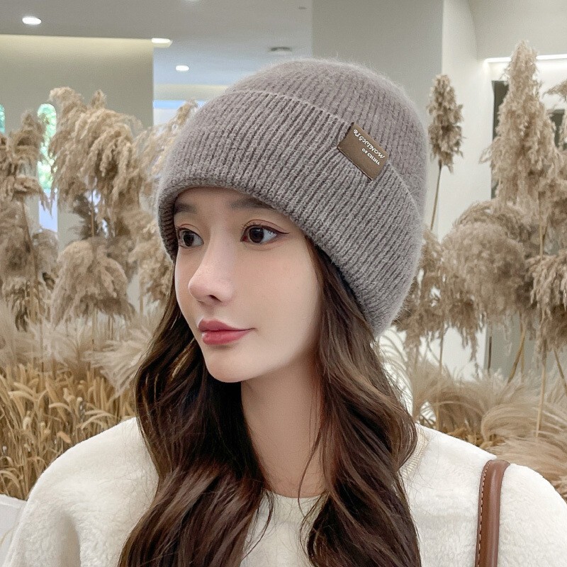 Korean Wool Autumn Winter Thickened Knitted Pullover Cold Large Head Circumference Ear Protection Hat for Women