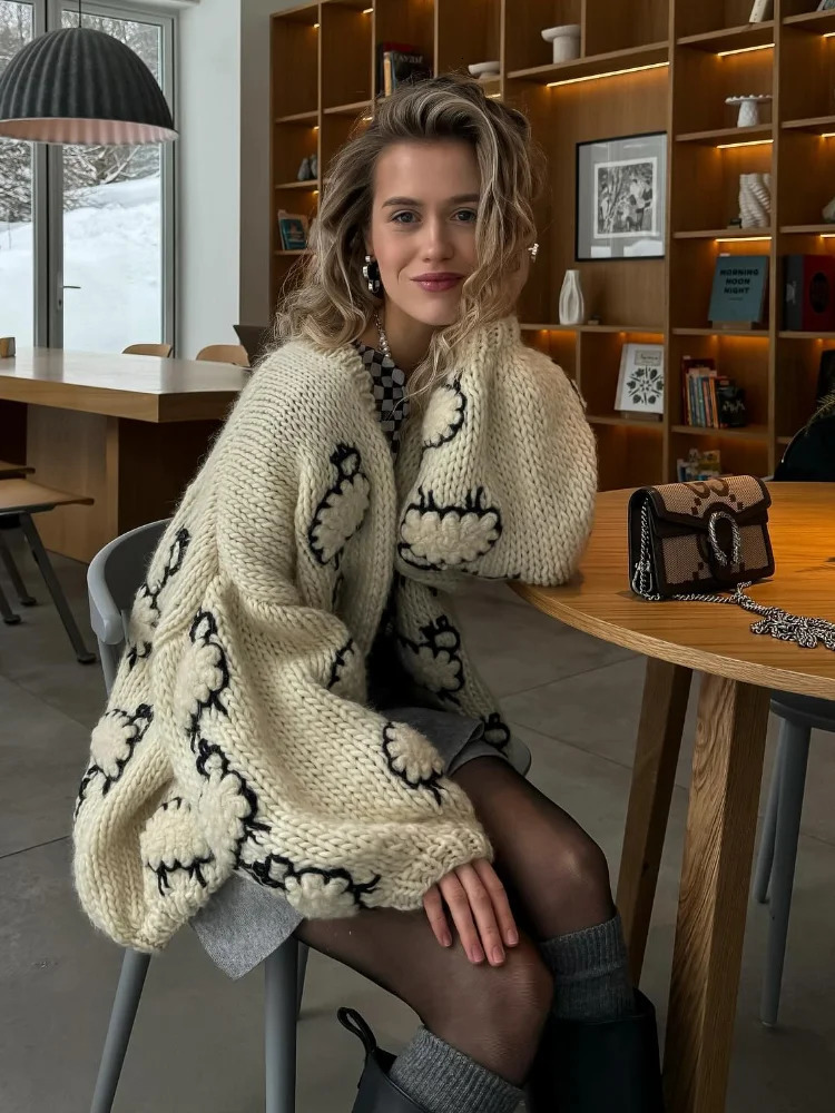 Lantern Sleeve Embroidered Sheep Loose Women Cardigan VNeck Chunky Knit 2025 Autumn Playful Cute Coat Causal Chic Lady Sweater 251013