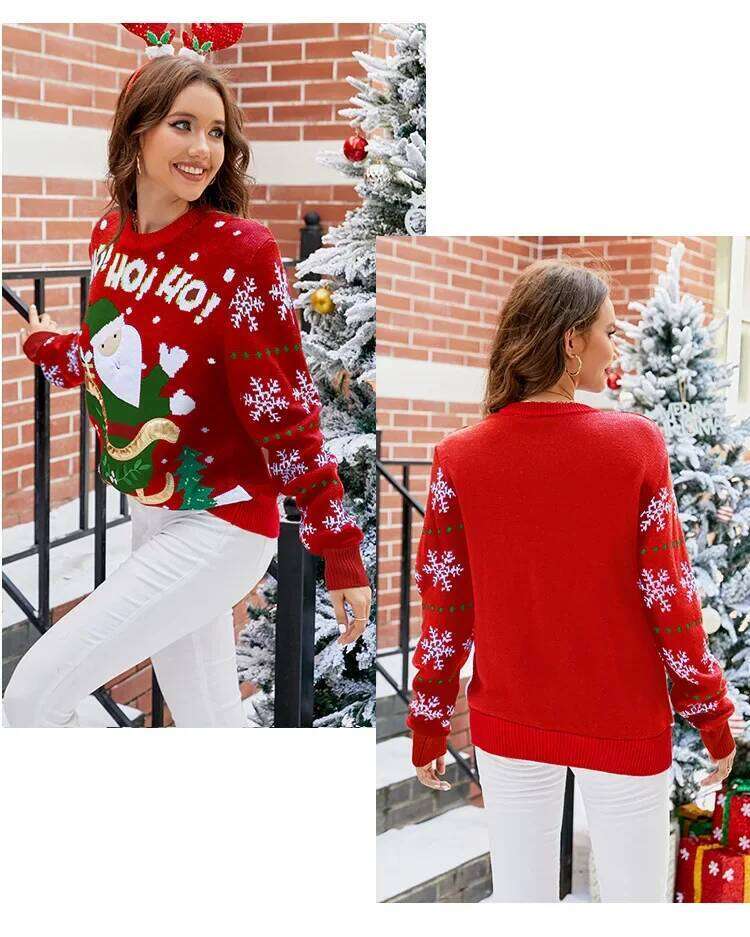 Large Size 3Xl Christmas Santa Print Women's Knit Sweater Full Sleeve Loose Knitwear Warm Soft Jumpers Female Xmas Look Pullover