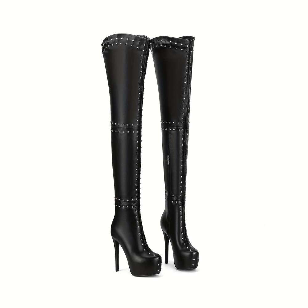 Women's Over-The-Knee With Sexy Platform Stiletto Heel Studded Detailing, These Tight, Black High Boots Are Designed To Make A Bold Fashion State