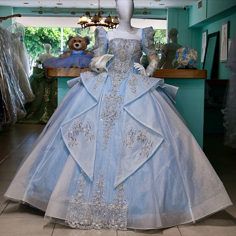Sky Blue Shiny Quinceanera Dresses Ball Gown Off The Shoulder Sequin Applique Lace Beading Crystal Tull Party Birthday Sweet 16 Dress