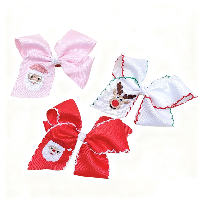 Christmas Hair Clip Cartoon Hair Accessory Elk Embroidery Santa Claus Hair Bow Clip Moonstitch Edge Ribbon Hair Pins for Girls MA126
