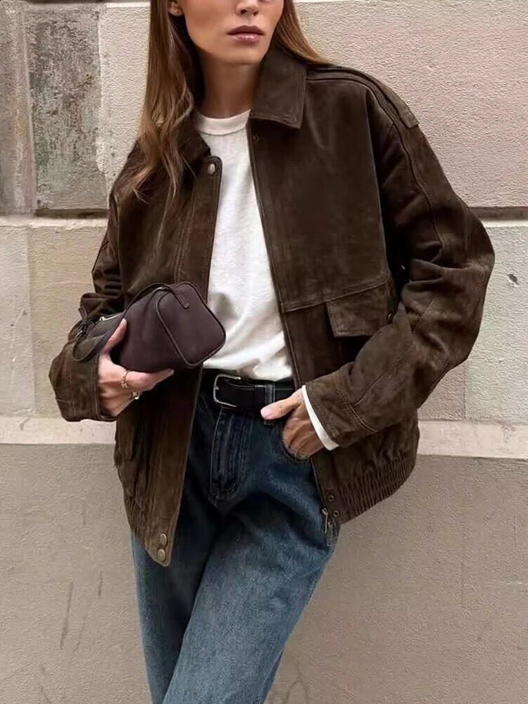 Yaphleet Women Elegant Suede Brown Bomber Jackets Fashion Ladies Casual Loose Outfits for Vintage Female Chic Clothes Cute 251020