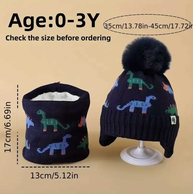 2pcs Winter Kids Dinosaur Hat and Scarf Set 2pcs FleeceLined Warm Cartoon Cute Thickened Hat and Scarf 2pcs for OutdoorL251024