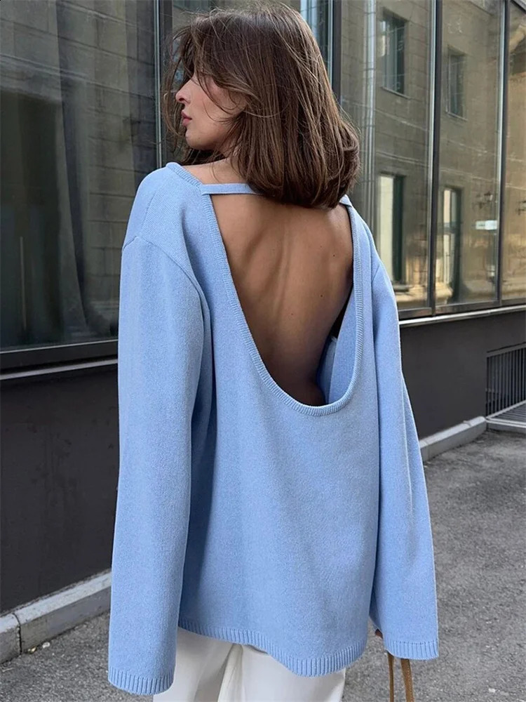 Tossy Female Backless Loose Knitwear Sweater Solid Casual Elegant Long Sleeve Patchwork Commute Clothes Womens Knit Pullover 251023