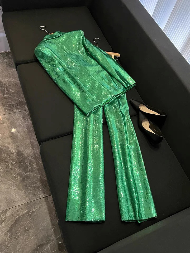 High Quality Green Shiny Sequin Pantsuits Blazer Straight Pants Set Party Evening Offic Work Wear Sequin Pants Set Outfits 251023