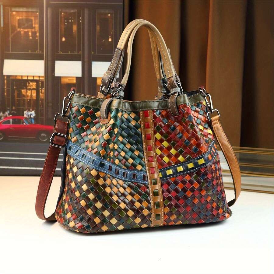 Mindya Wo 'S Genuine Leather Handbag Large Capacity Multicolor Woven-Style Tote With Golden-Tone Hardware, European-Inspired Cowhide Handbag Grai