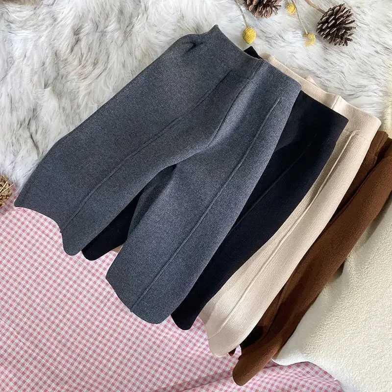 Kids Girls Knitted Casual Pants Loose Autumn Winter Outwear Trousers Black Gray Apricot Wide Leg Pants 2024 New Korean StyleT251024