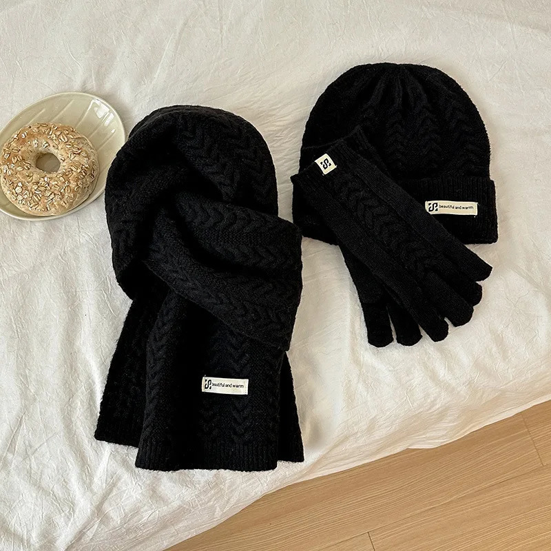 Winter Warm Knitted Hat Scarf Gloves Womens Windproof Adult Threepiece Set Scarves Solid Color Fashion Korean Hats for Women 251023