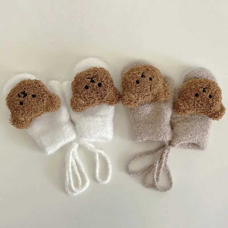 14Y Cartoon Bear Baby Mittens Winter Warm Kids Baby Girl Gloves Knitted Children Toddler Thick Teething Mitten Handschoen Y251024