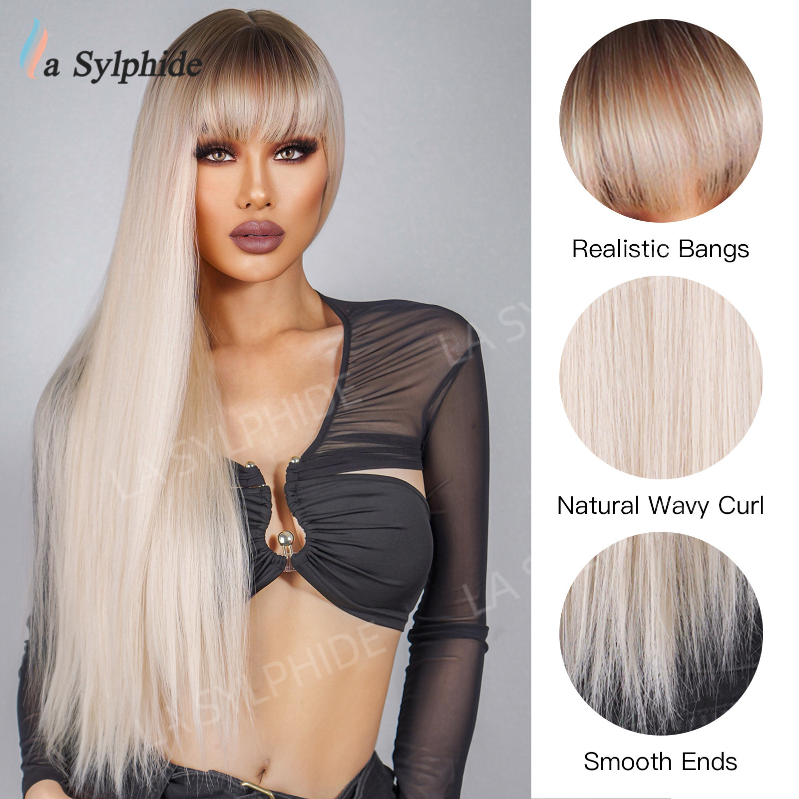 Natural bestseller Human Hair straight hair with air bangs, brown gradient gold Synthetic Wigs