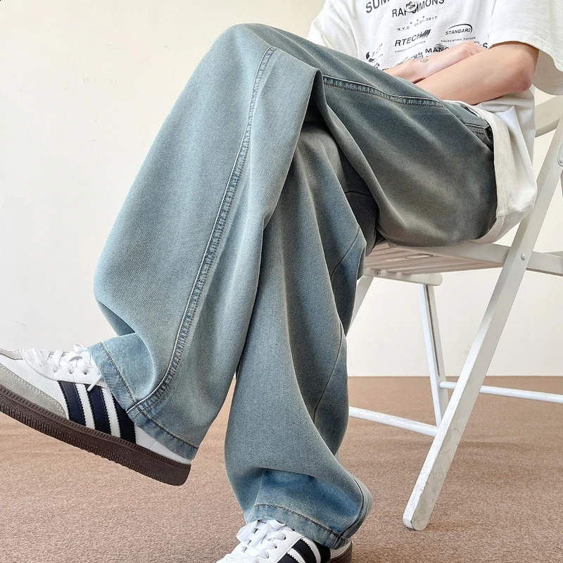 2025 Autumn American 190 Tall Men Ice Sensation Jeans 115CM Long Length Elastic Waist Thin Loose Wideleg Clothing 251018