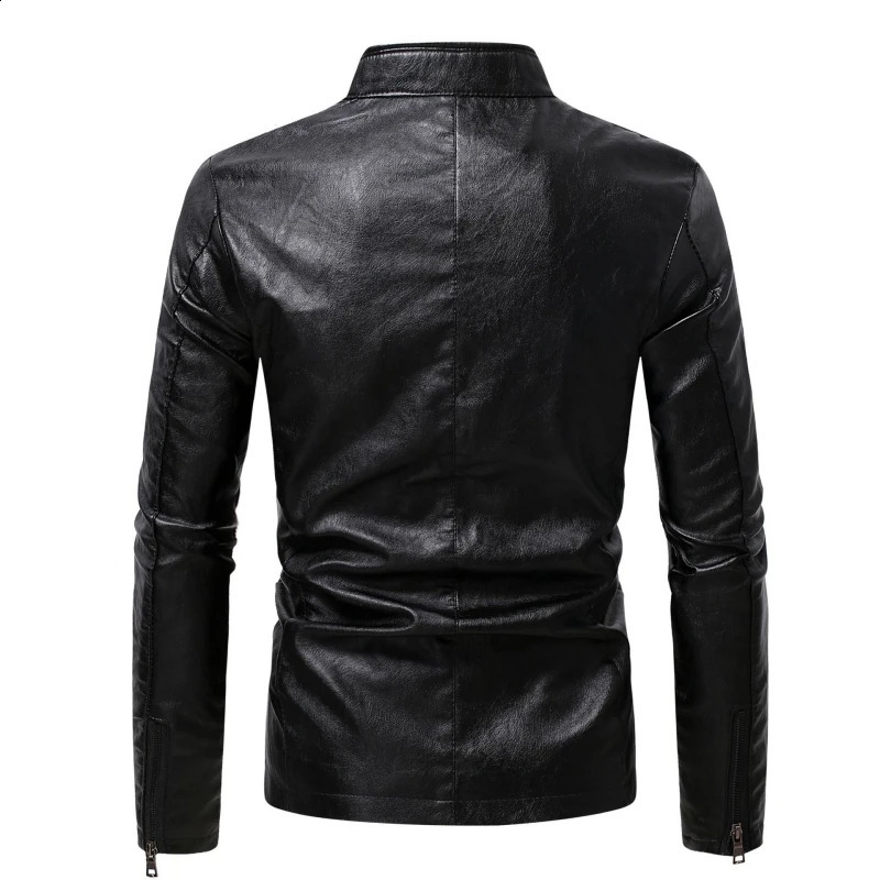 2024 Spring Mens Business Casual Slim Longsleeved Pu Leather Jacket Side Seam Pocket Zipper Solid Color 251015