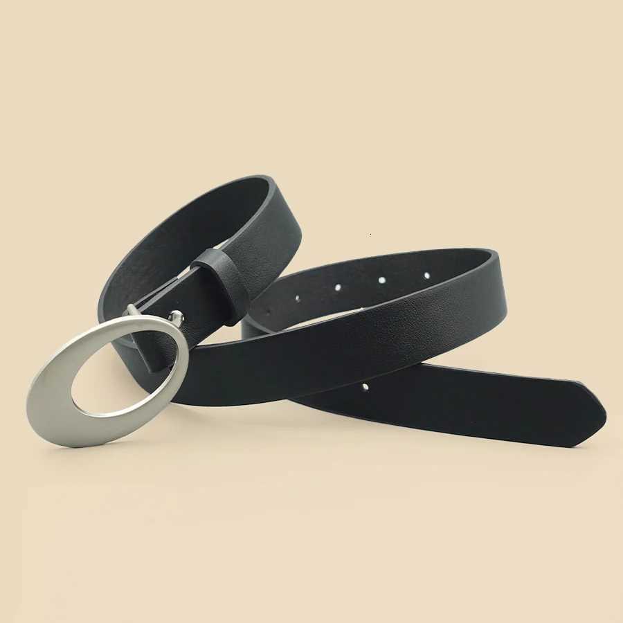 Black Casual Womens Belt Oval Hollow Matte Buckle Retro Pu Leather Fashionable Belt Dress Jeans Shirt Accessories W251024