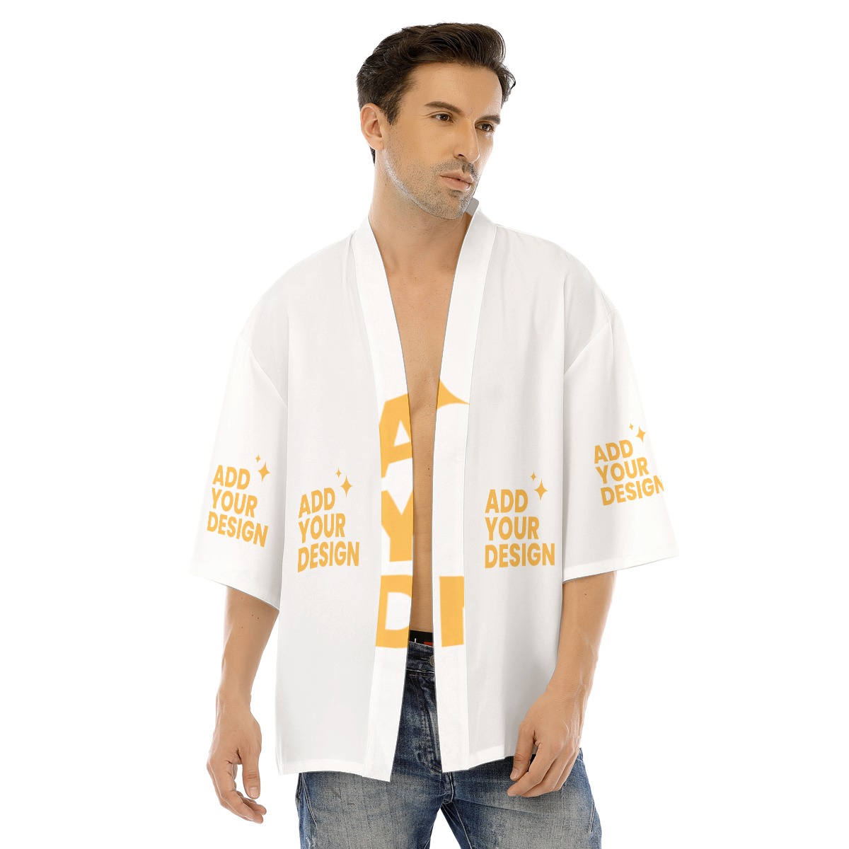DHgatepod Men's Drop Shoulder Short Jacket - All-Over Print Non-Stretch Open Front Duster for Layered Streetwear
