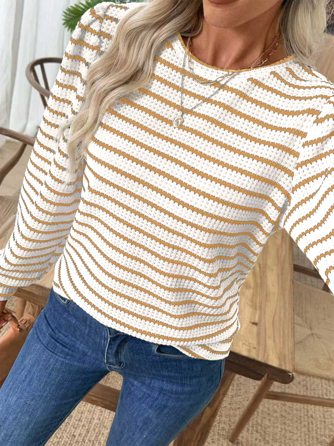 2025 Autumn Winter New Women's Striped Round Neck Drop Shoulder Lantern Casual Long Sleeve Top