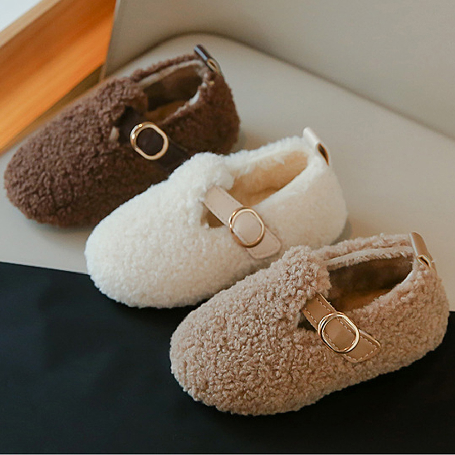Kids Loafers Shoes for Girls Toddler Flat Fur Cover Toe Warm Shoes Walkfashion Child Girl Non Slip Plush Loafers Princess Shoes Sizes 21- 30 Size US5.