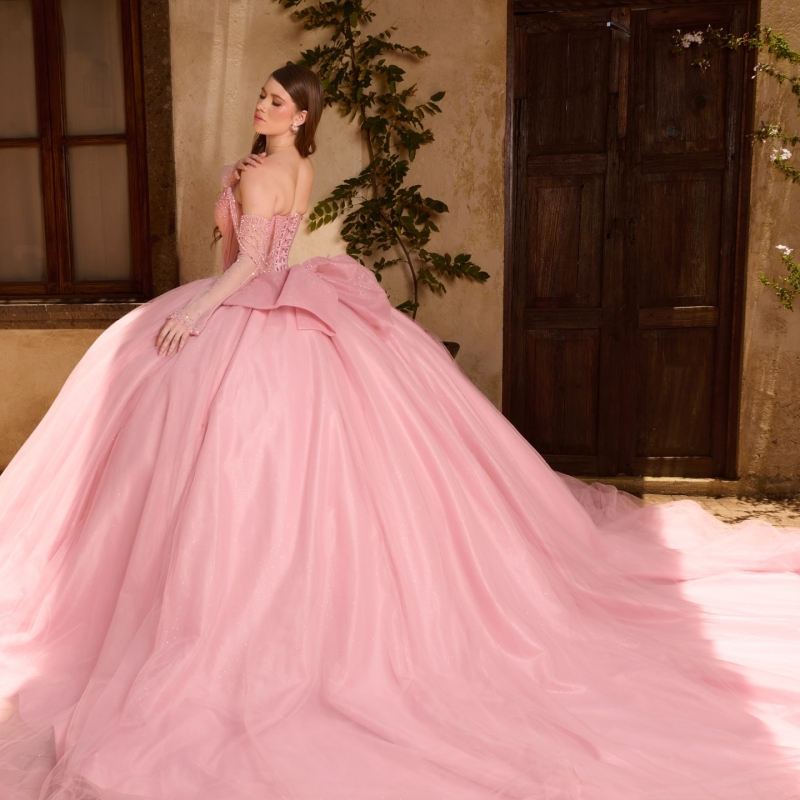 Pink Shiny Quinceanera Dresses Ball Gown Off The Shoulder Beading Crystal Bow Corset Tull Party Birthday Sweet 16 Dress Vestidos 15 De Anos