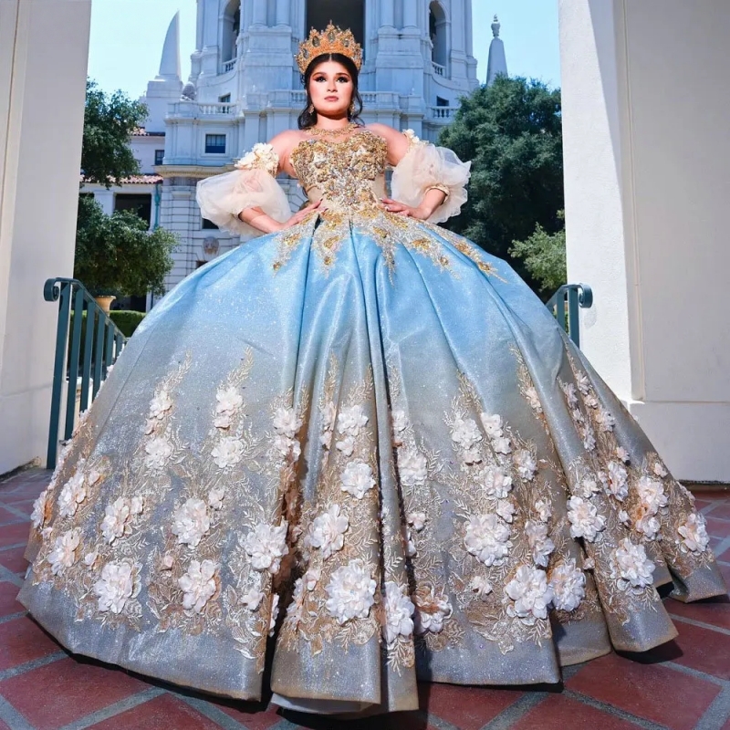 Light Blue Detachable Sleeve Quinceanera Dresses Ball Gown Gold 3D Flowers Appliques Lace Sweet 15 Anos Mexican