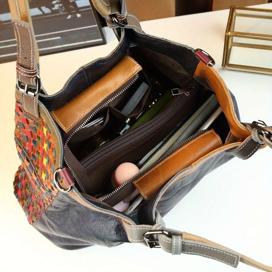 Mindya Wo 'S Genuine Leather Handbag Large Capacity Multicolor Woven-Style Tote With Golden-Tone Hardware, European-Inspired Cowhide Handbag Grai
