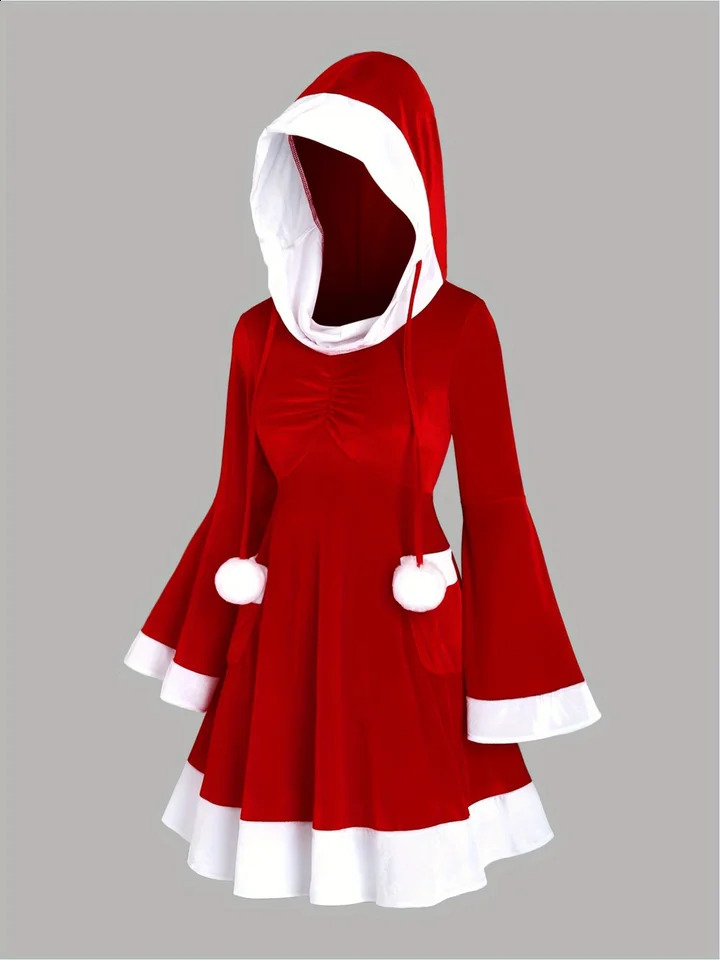 Santa Clauss European and American temperament is red Christmas party is slim hooded dress and womens dress 251023