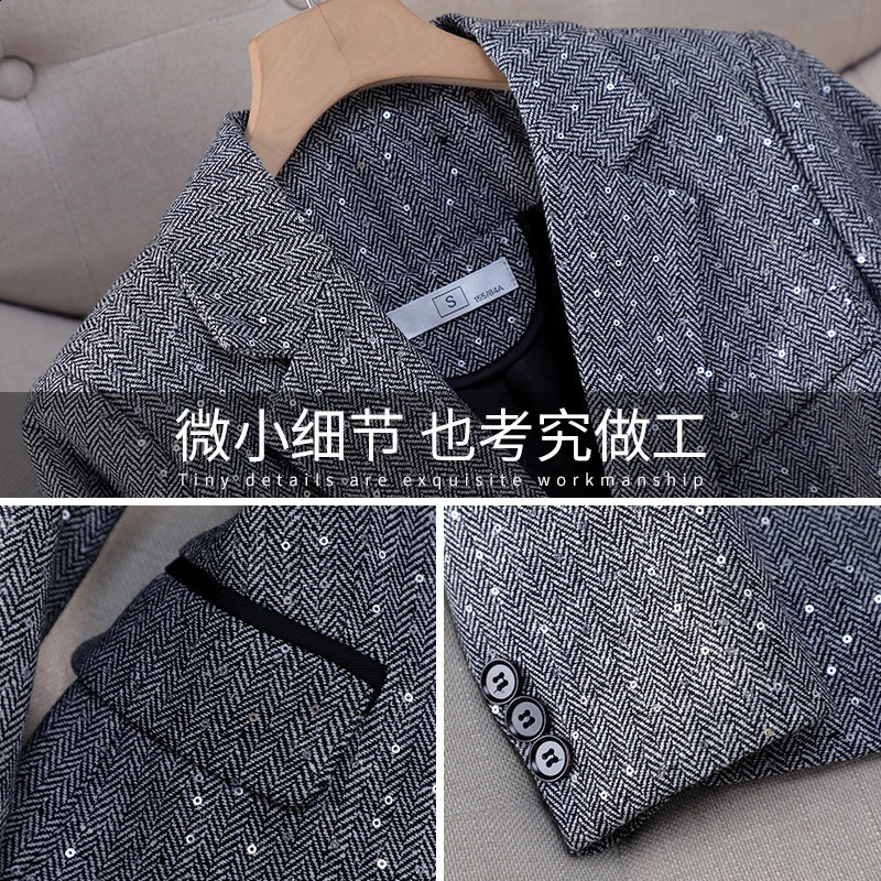 Autumn Winter Temperament Suit Gray Brown Long Sleeve Sequin Blazer Coat Pant Two Piece Set Fashion Work Business Clothes 251023