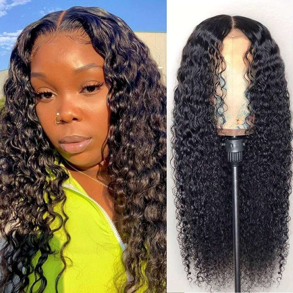 Human Front Wig Deep Wave 4x4 Lace Closure HD Transparent Wigs for Women 180% Density Brazilian Virgin Pre Plucked with Baby Hair Natural Black Color