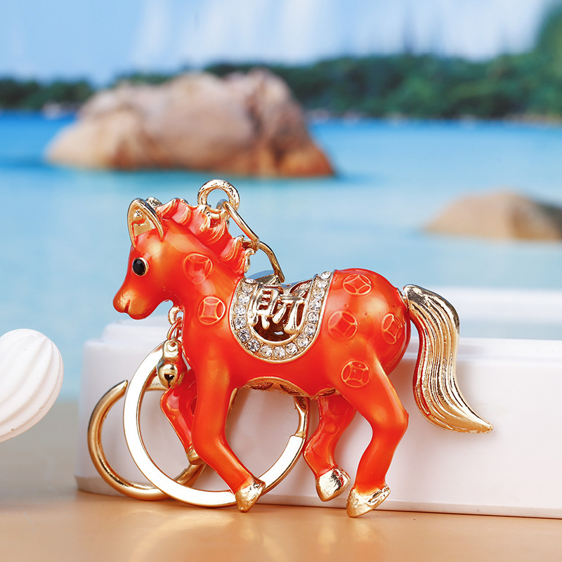 Lucky Wealth Creative Metal Rhinestone Horse Keychain Double-Sided Car Key Ring Cute Bag Charm Cartoon Key Chain Wholesale