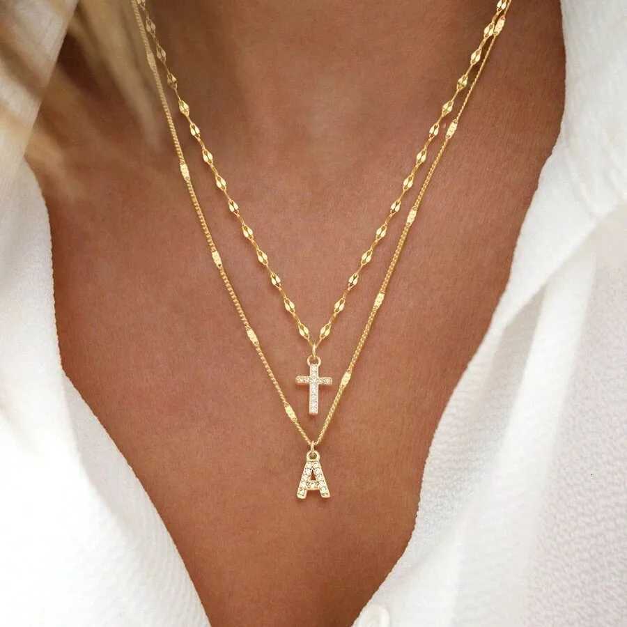 Double Layered Cross Letter Pendant Necklace Elegant Gold Color Chain Shiny Rhinestone Versatile Necklace For WomenXJ251024