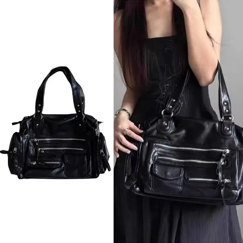 Vintage Punk Women Tote Bags 2025Trend Large Capacity Crossbody Shoulder Bags Mujer Moto Style Multi Pockets Commute Bolso 251023