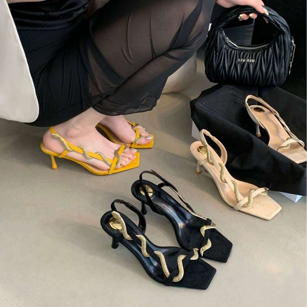 2025 New Style Designer Shoe One-Strap High Heels Elegant Rhinestone Snake-Shaped Open-Toe for Women Thin Heel Sandals