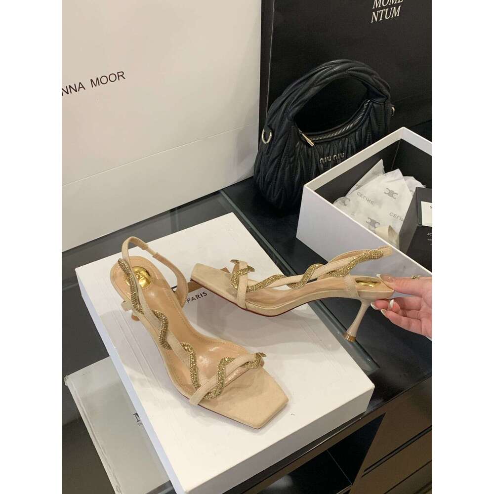 2025 New Style Designer Shoe One-Strap High Heels Elegant Rhinestone Snake-Shaped Open-Toe for Women Thin Heel Sandals