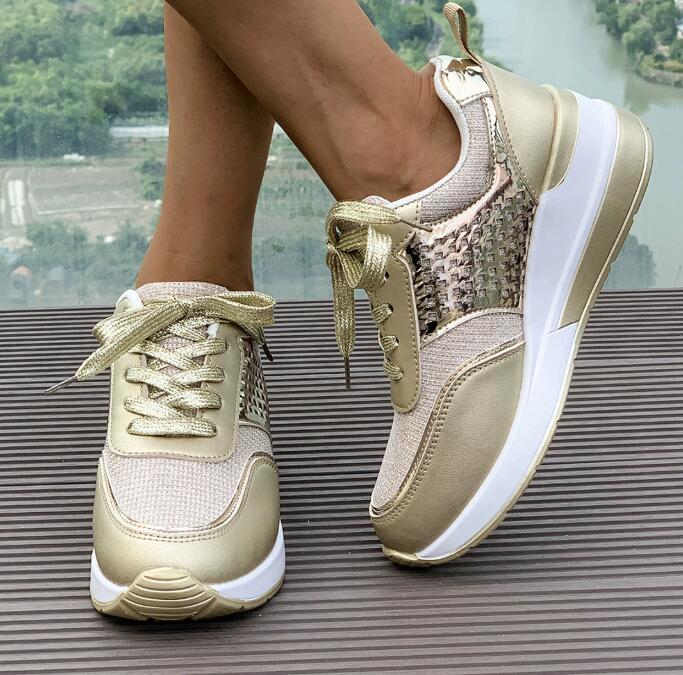 European and American women's wedge heel thick soled sports shoes in large size breathable sequins round toe straps spring and autumn new casual 