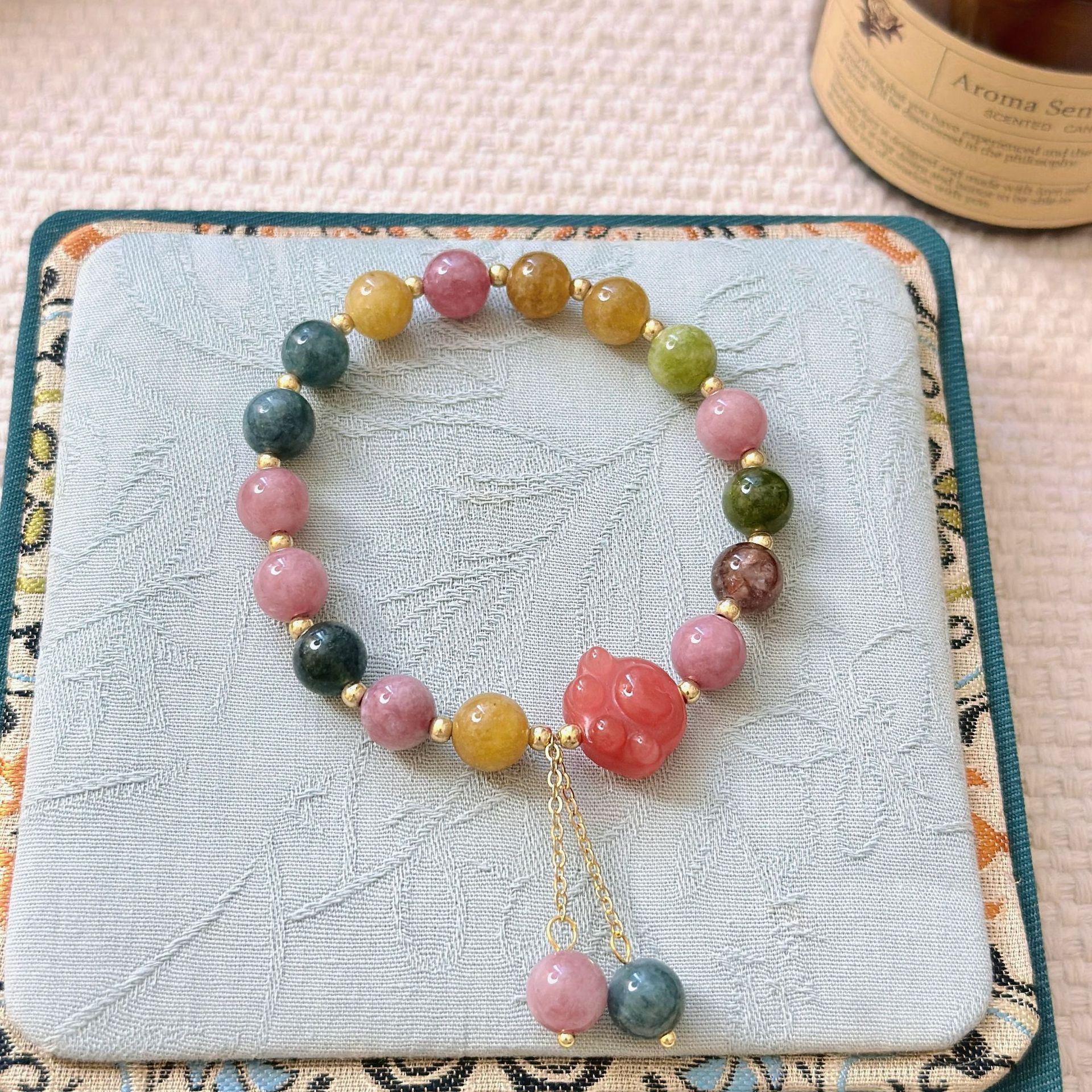 Natural Strawberry Quartz Cat Claw Bracelet - Single Strand Tourmaline Beads