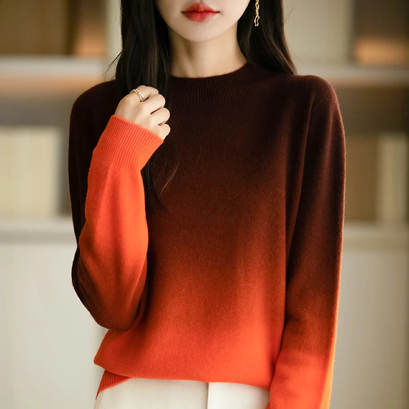 Women Fine Wool Thickening Sweater Outwear Gradient Mock Collar Pullover Autumn Winter Bottoming Casual Warm Knitting Tops 251023